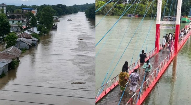 কাপ্তাই হ্রদের পানিতে তলিয়ে গেছে ঝুলন্ত সেতু, বাঘাইছড়ির নিম্নাঞ্চল প্লাবিত